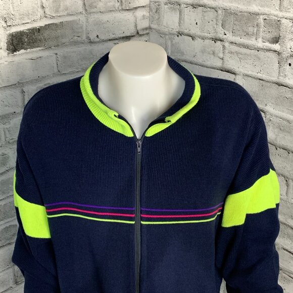 Vintage Jardi Wool Blend Navy Neon Green Knit Full Zip Ski Cadigan Sweater - Picture 2 of 14